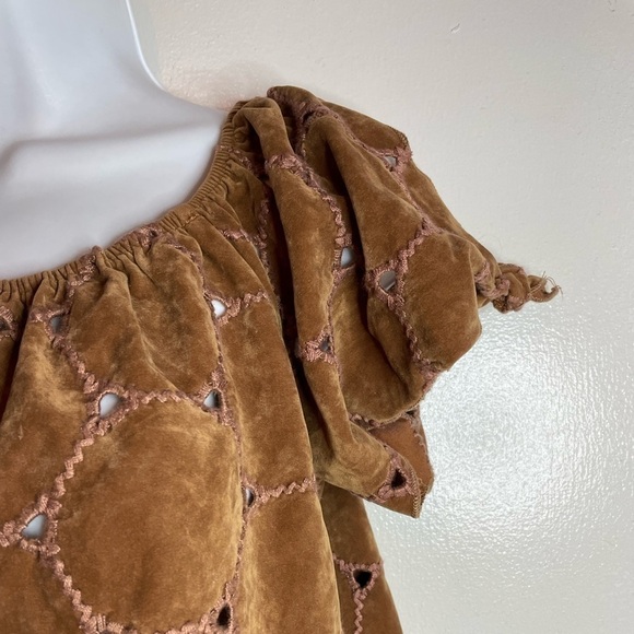 Brown Slit tie Sleeve Square Neck Stitching Top boho Western Pullover Top - Picture 10 of 13